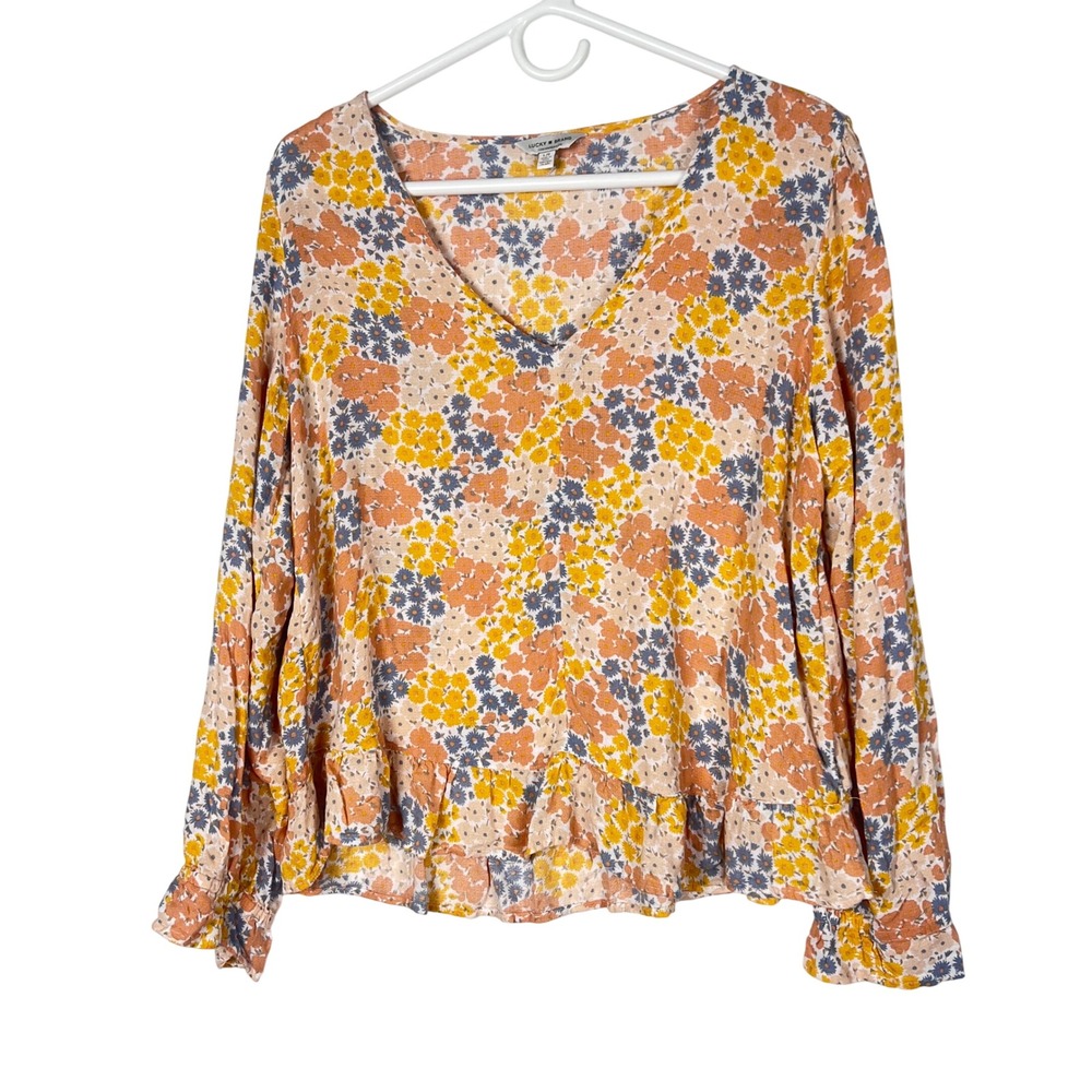 Lucky Brand Floral Peplum Blouse M L V-Neck Long Sleeve Ruffle Cottagecore Boho